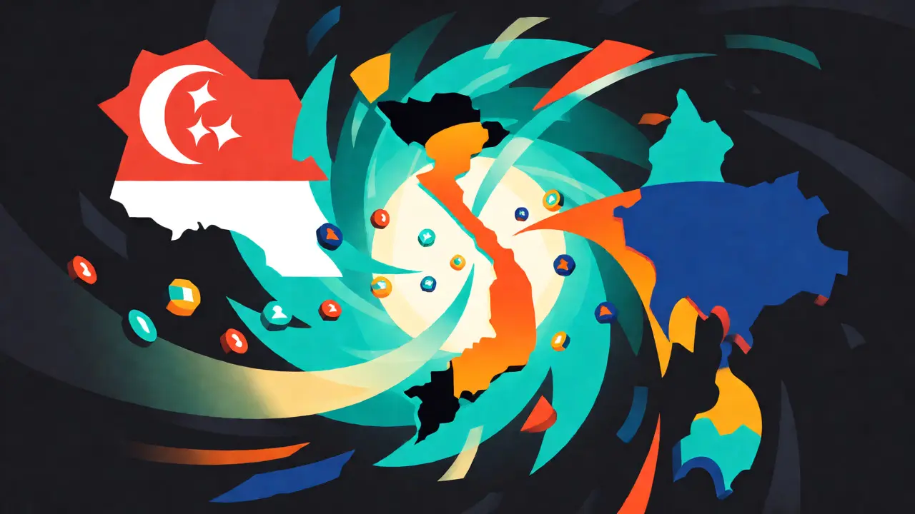Abstract depiction of Vietnam attracting crypto investors while others drift to neighbors.