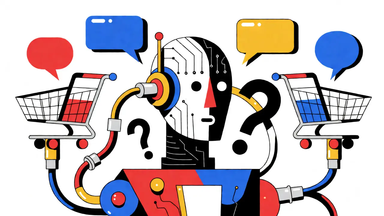 Abstract geometric art depicting a robot connecting to shopping and chat icons with broken links.