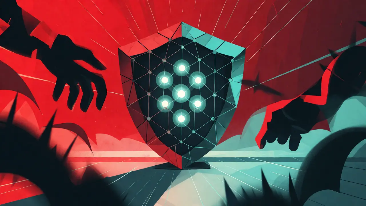 Abstract geometric shield protecting data nodes from jagged threat shapes