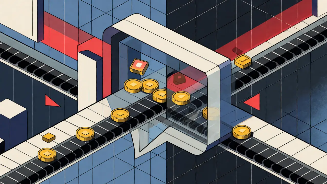 Abstract illustration of chat bubbles integrated with flowing cryptocurrency tokens.