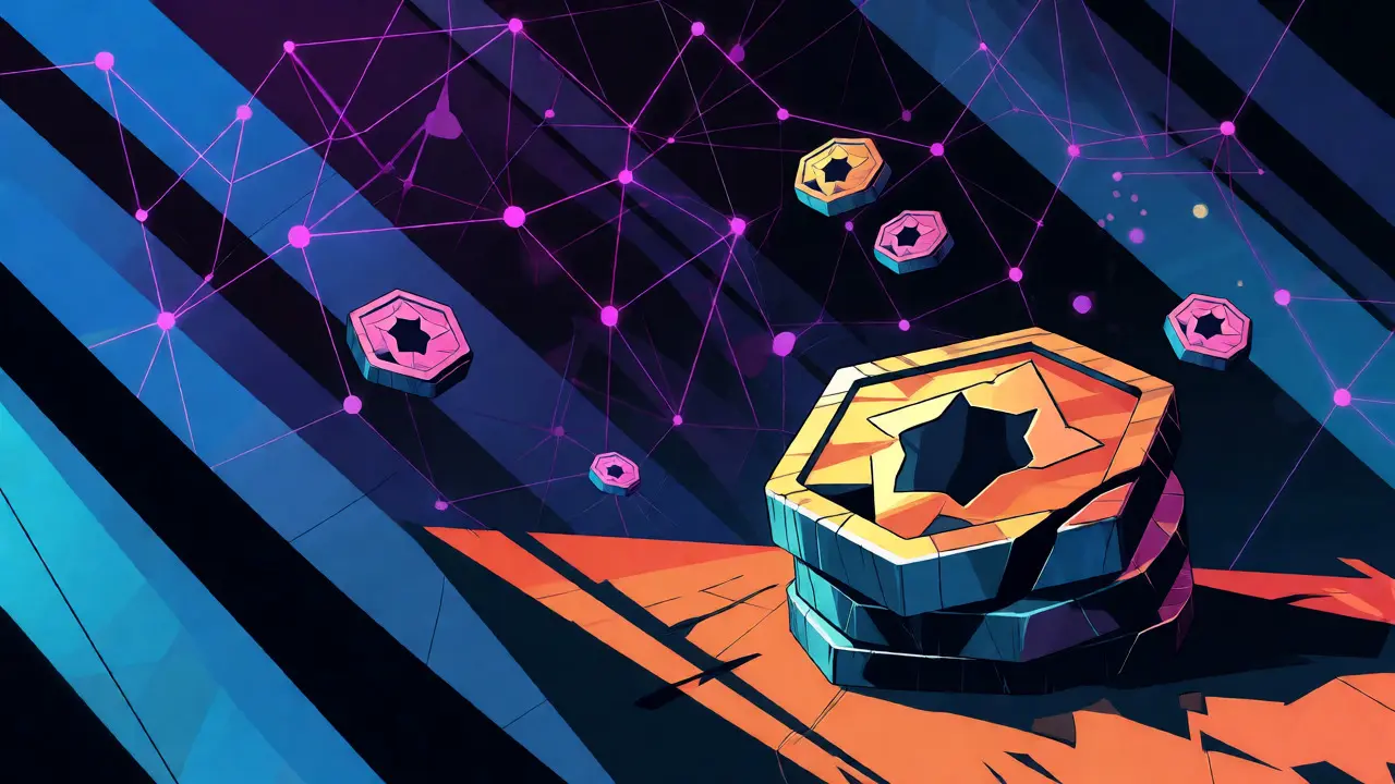Abstract Solana network visualization with fragmented geometric coins and angular lines