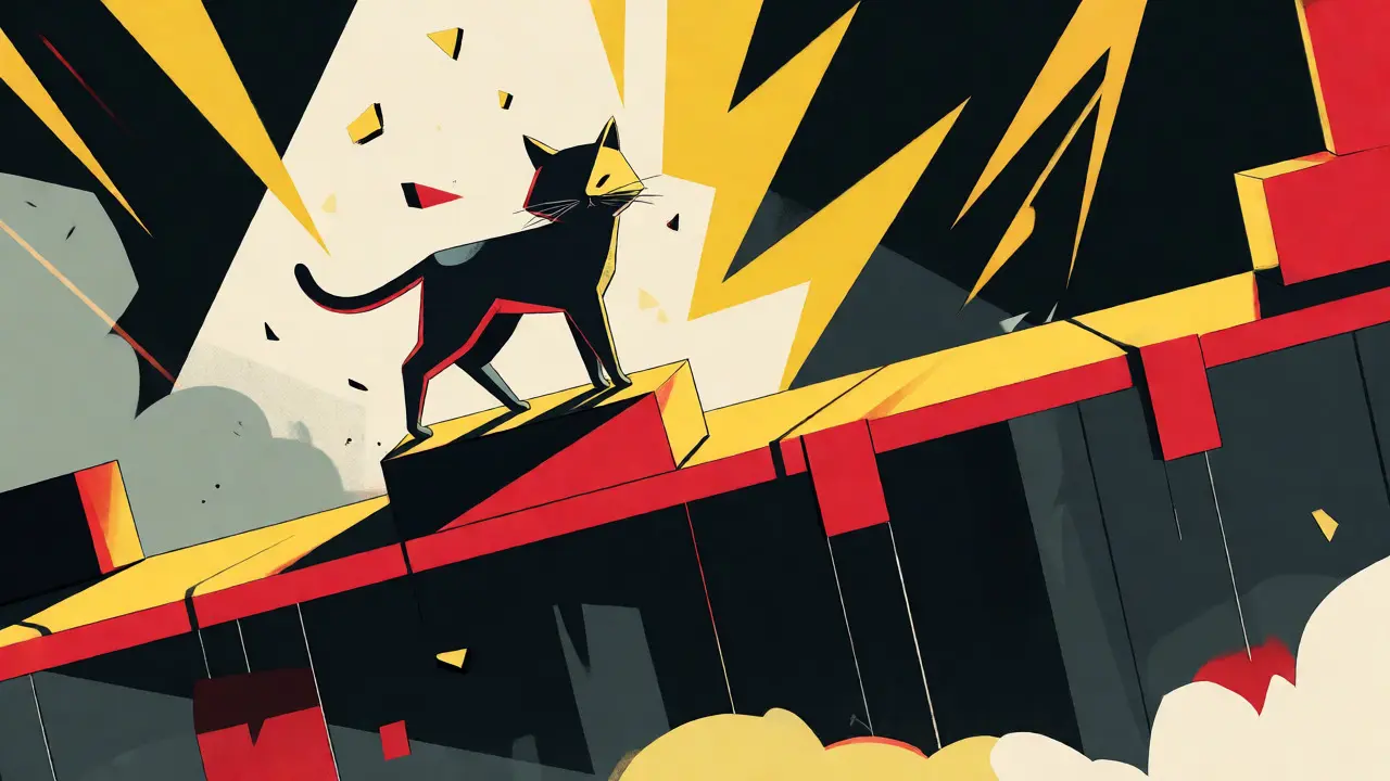 Constructivist art of a cat on a tilting platform amidst lightning and falling shards