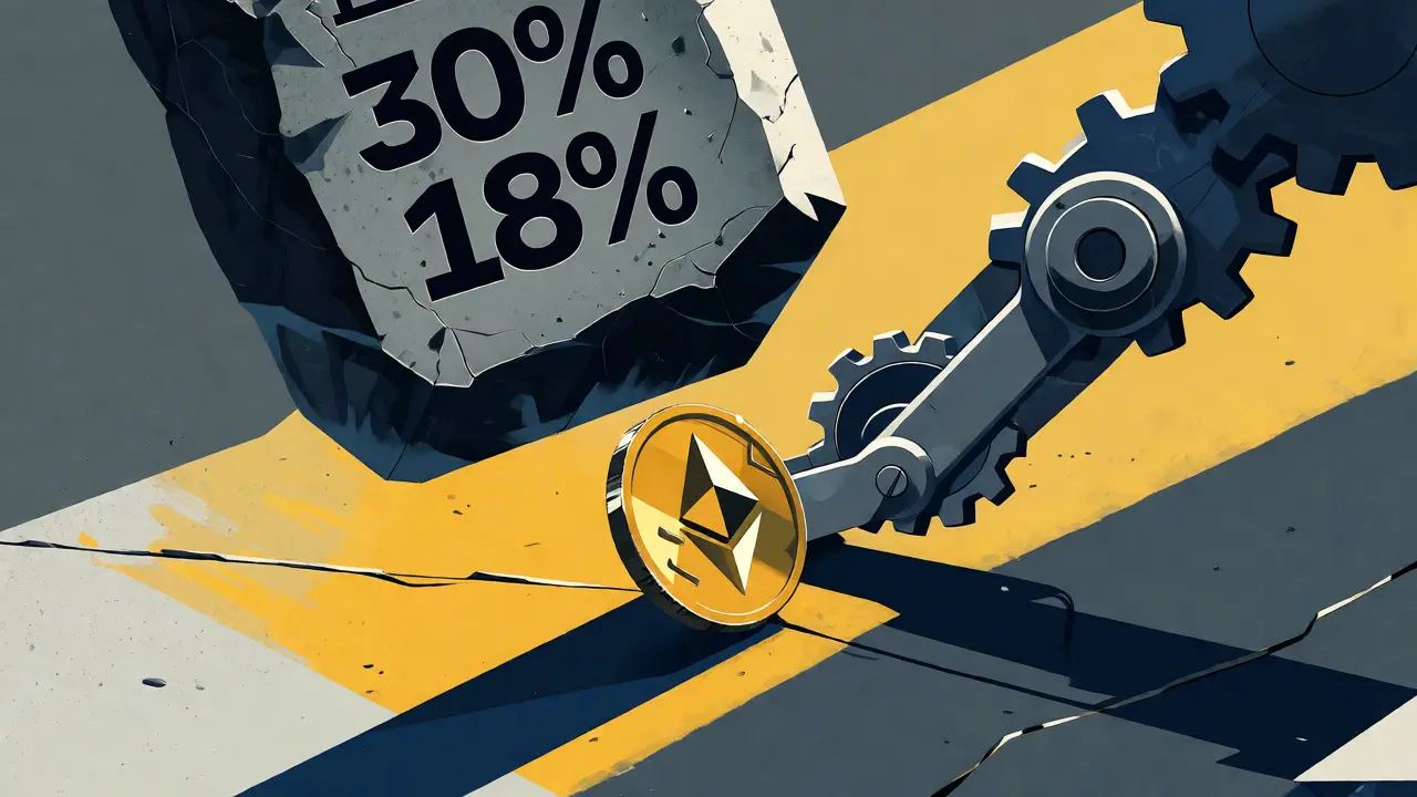 Constructivist art showing heavy tax blocks pressing down on a crypto coin.