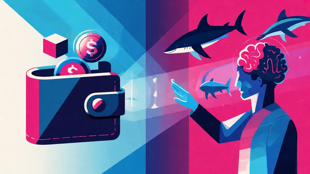 Constructivist illustration of a wallet connecting to AI avatars and marine NFTs