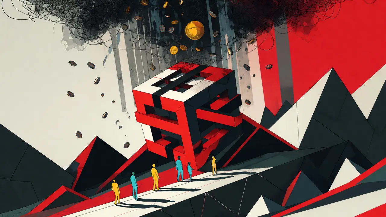 Constructivist scene of a precarious box on a jagged landscape with tiny user figures.