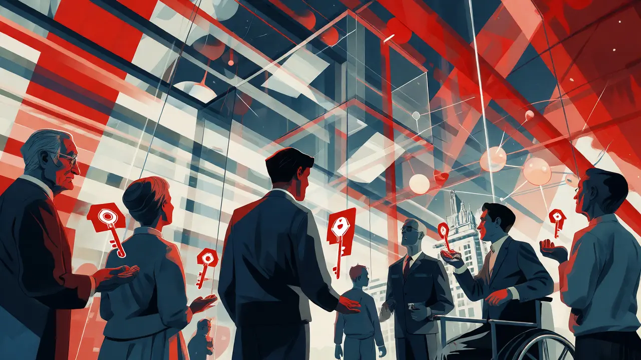Diverse citizens interacting with a futuristic glass ballot box and digital keys.