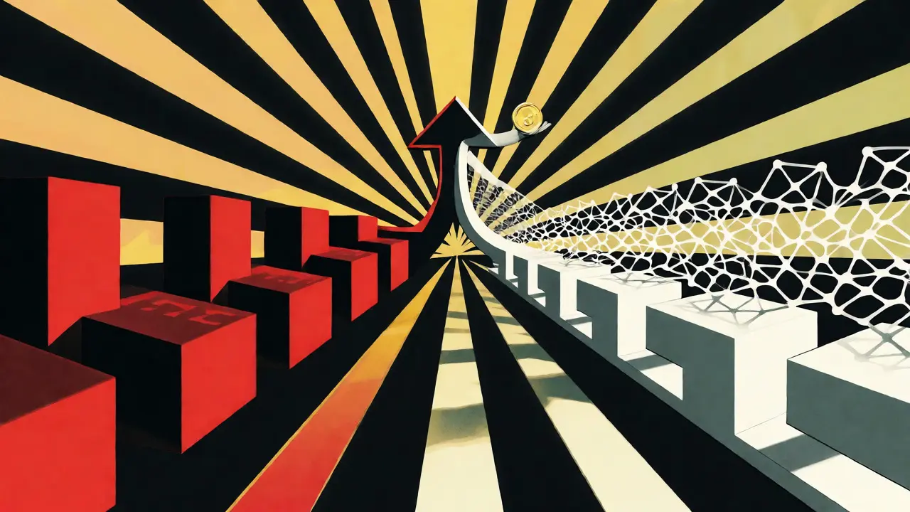 Geometric artwork depicting the convergence of centralized and decentralized trading paths.