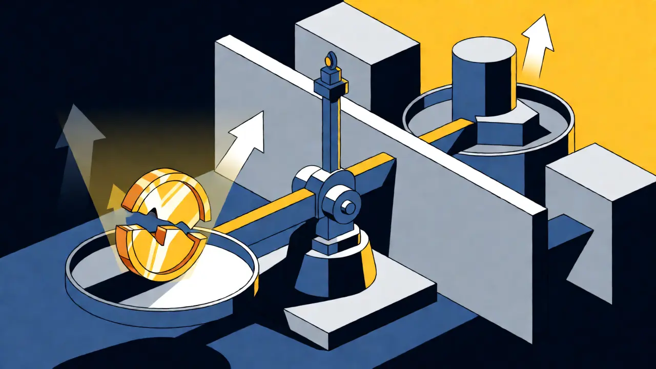 Geometric artwork showing a balance between crypto assets and traditional securities laws.