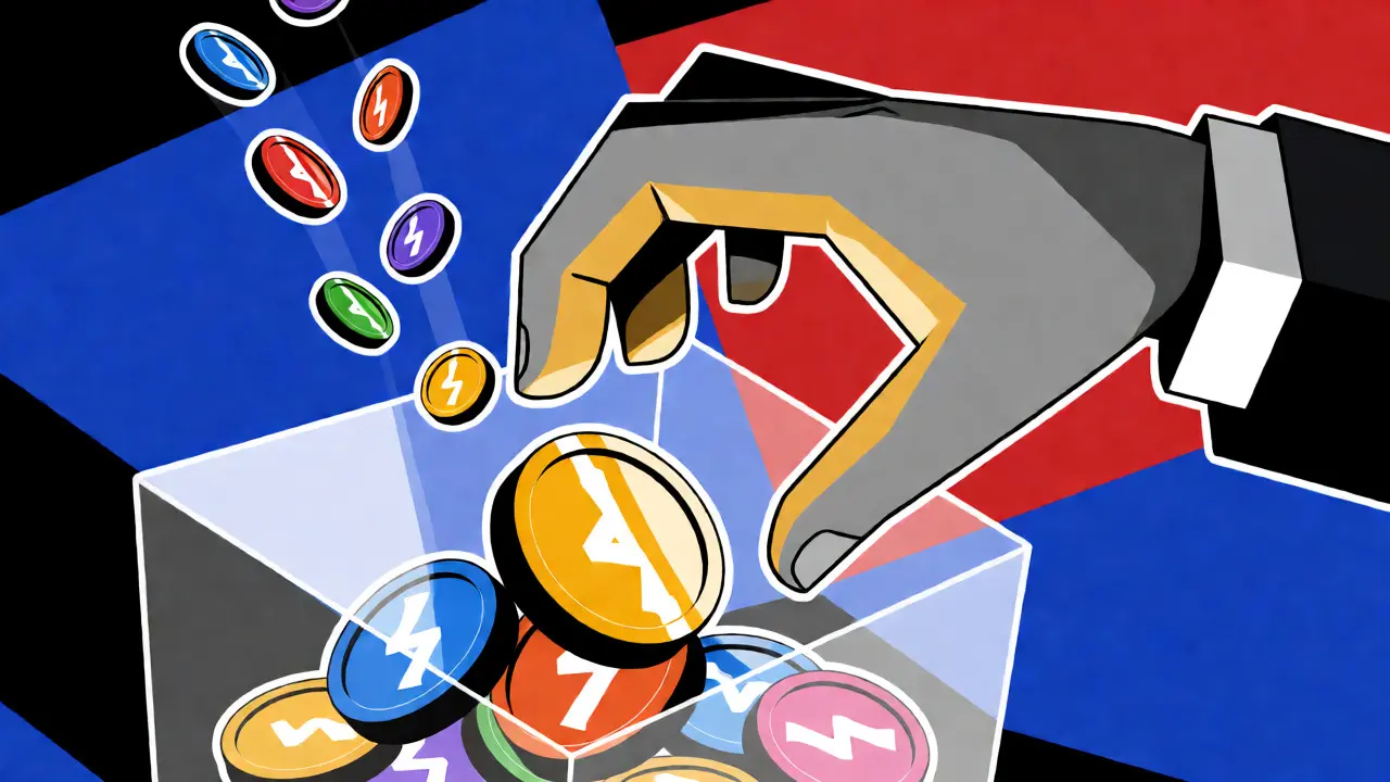 Geometric artwork showing hands locking MX tokens into a vault while HUSL tokens flow out as rewards.