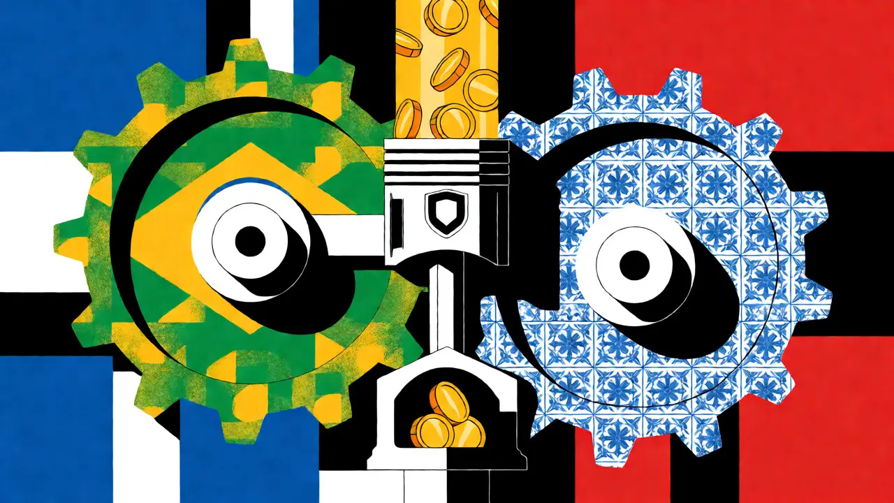 Geometric gears merging Brazilian and Portuguese symbols to drive financial growth