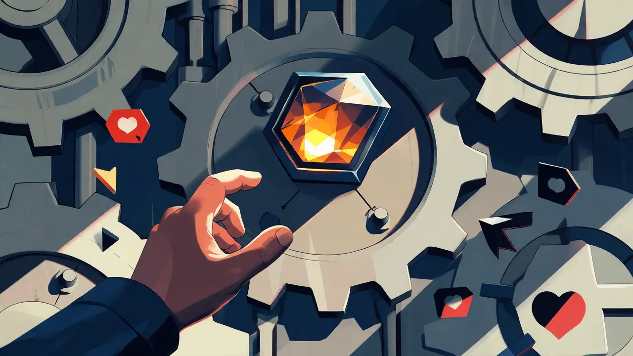 Hand reaching for glowing NFT token amidst abstract machinery