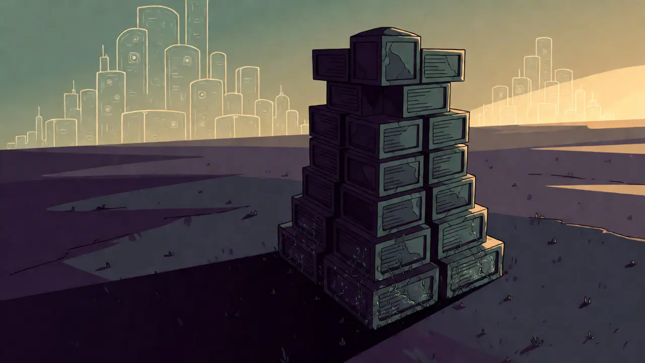 Isolated geometric tower representing a dormant crypto project in a desolate landscape