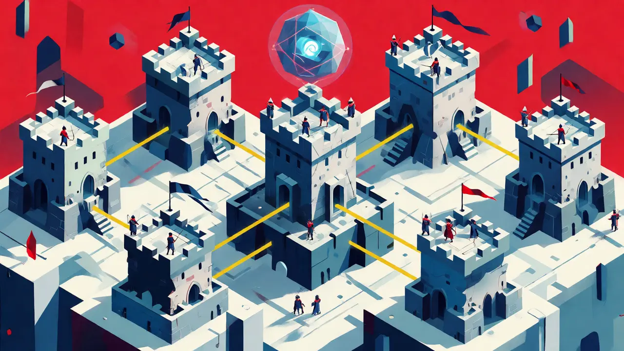 Isometric view of seven blocky castles connected by network lines