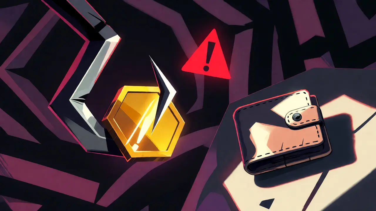 Jagged hook luring a wallet icon toward a glowing coin against a chaotic background.