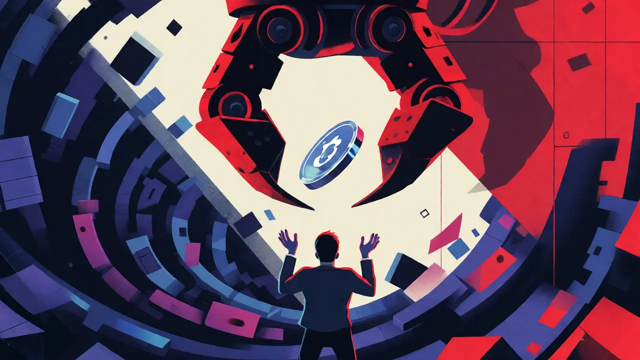 Mechanical claw threatening a tiny floating coin over a dark vortex