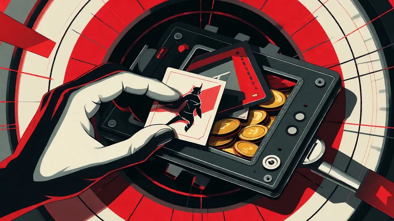 Mechanical vault opening to reveal NFT cards and gold tokens