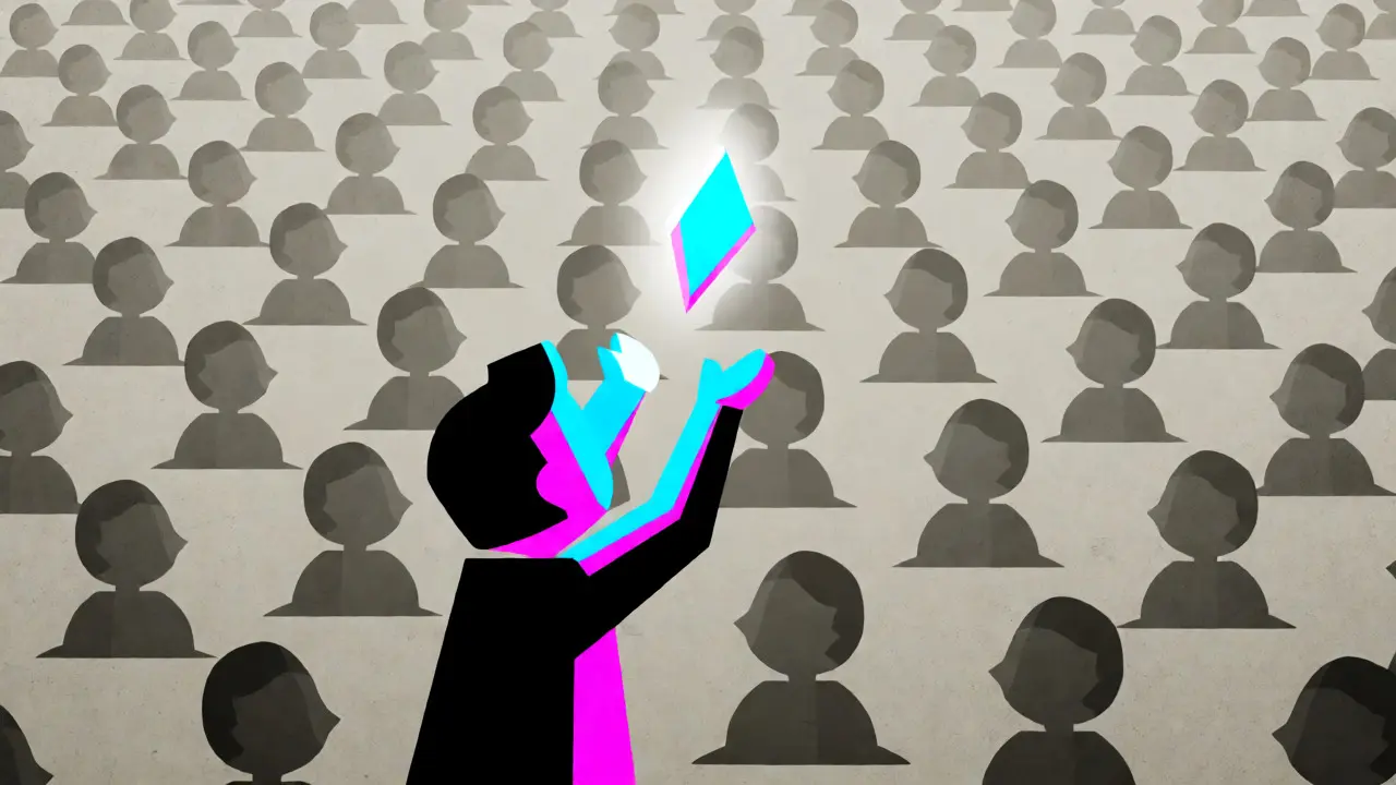 One person catching an NFT while surrounded by a grid of grey silhouettes