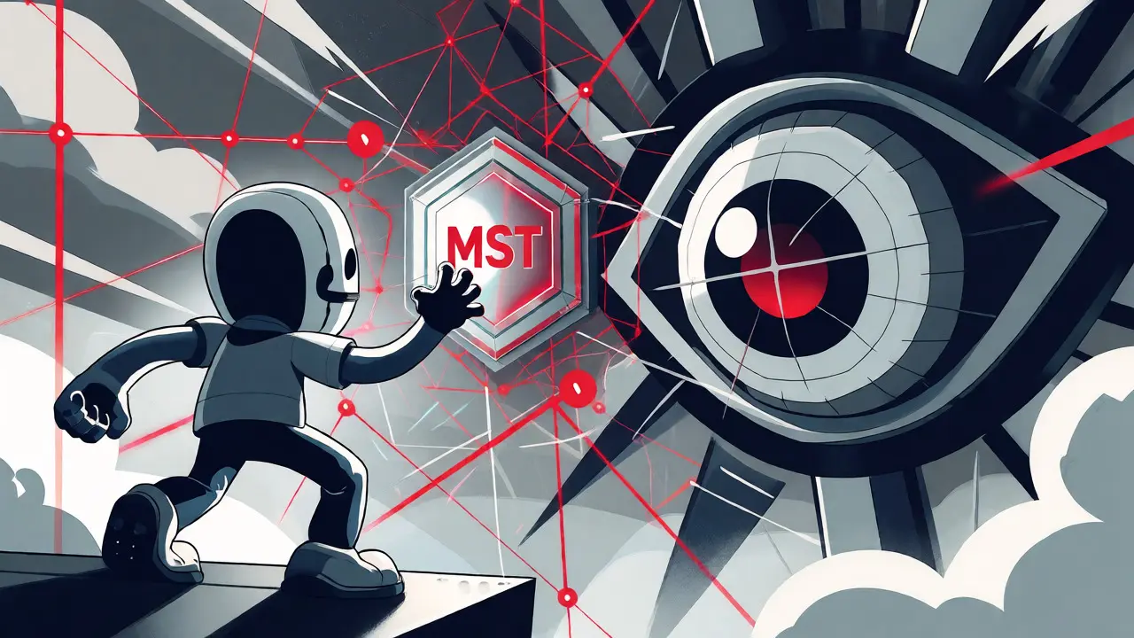 Player reaching for MST token amidst blockchain network lines