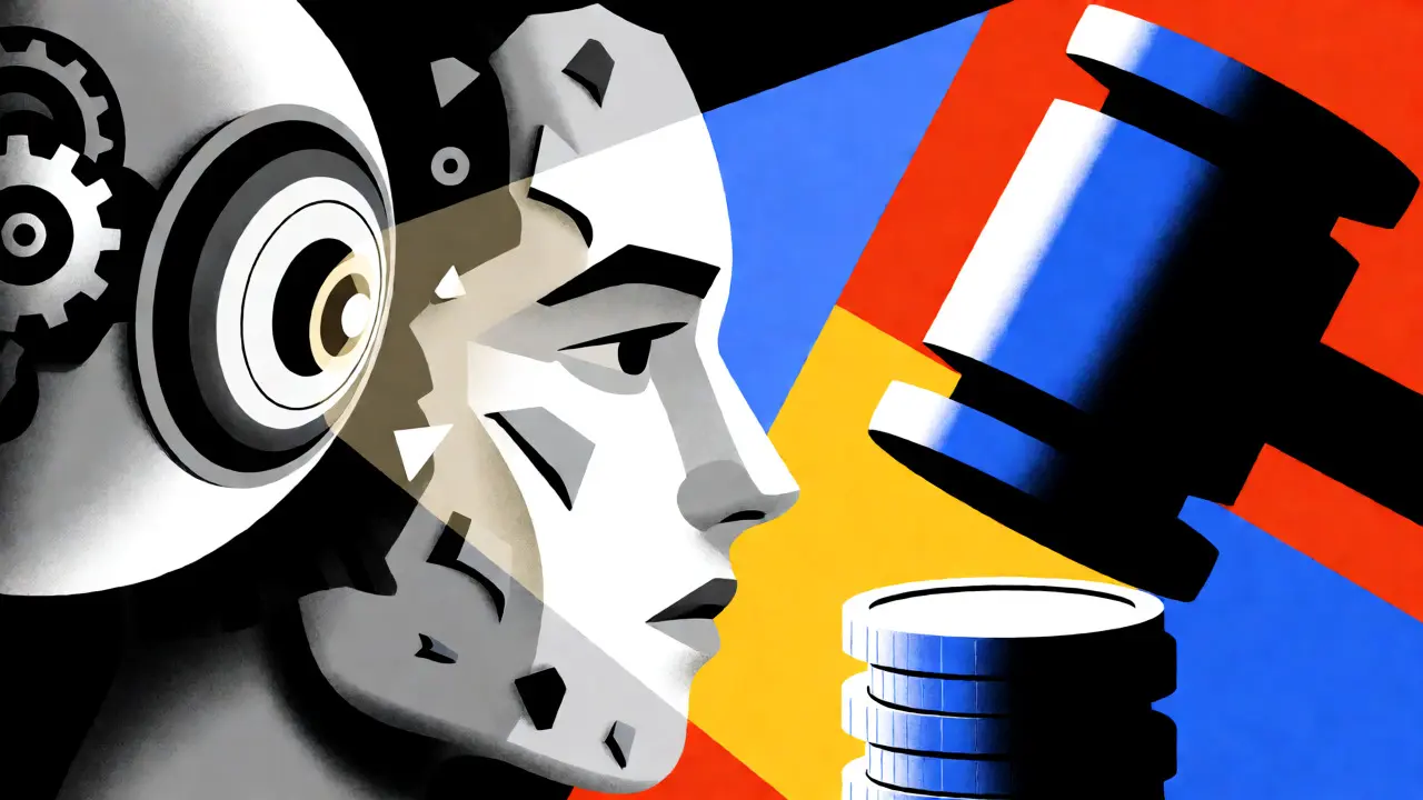 Robotic eye scanning a synthetic face amidst a technological confrontation scene.