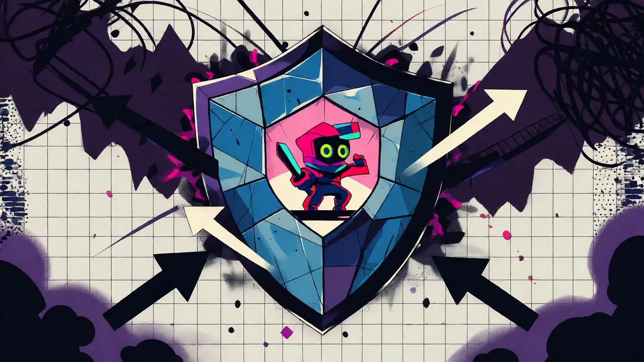 Shielded game character protected from chaotic scam shadows