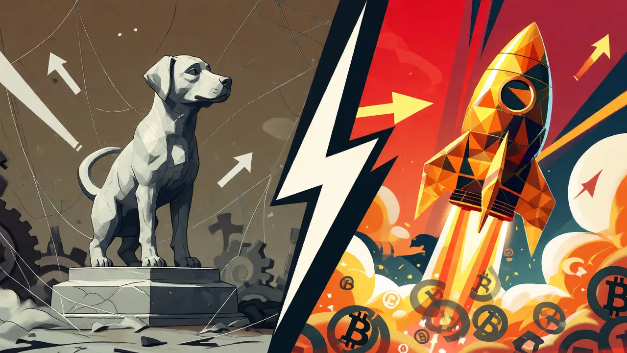 Split scene showing a dormant stone dog versus an ascending geometric rocket