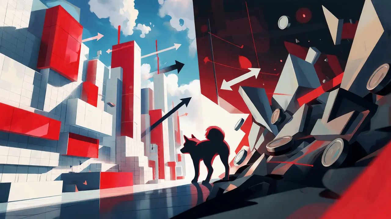 Split scene showing idealized metaverse vs volatile market