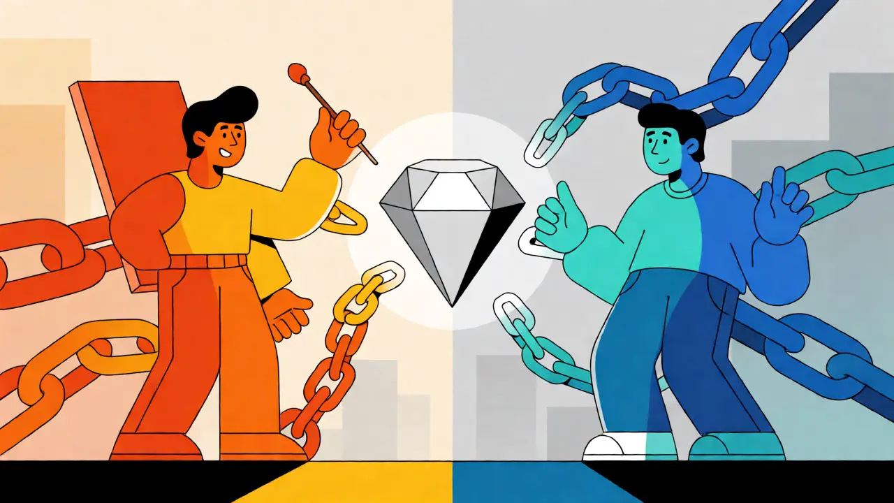 Stylized artist and fan connected by a glowing NFT diamond in a colorful Constructivist design.