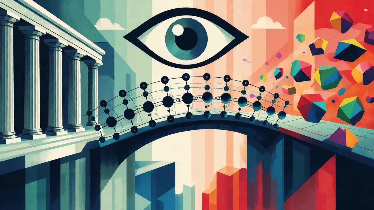 Stylized bridge connecting traditional banks and DeFi under protective oversight.