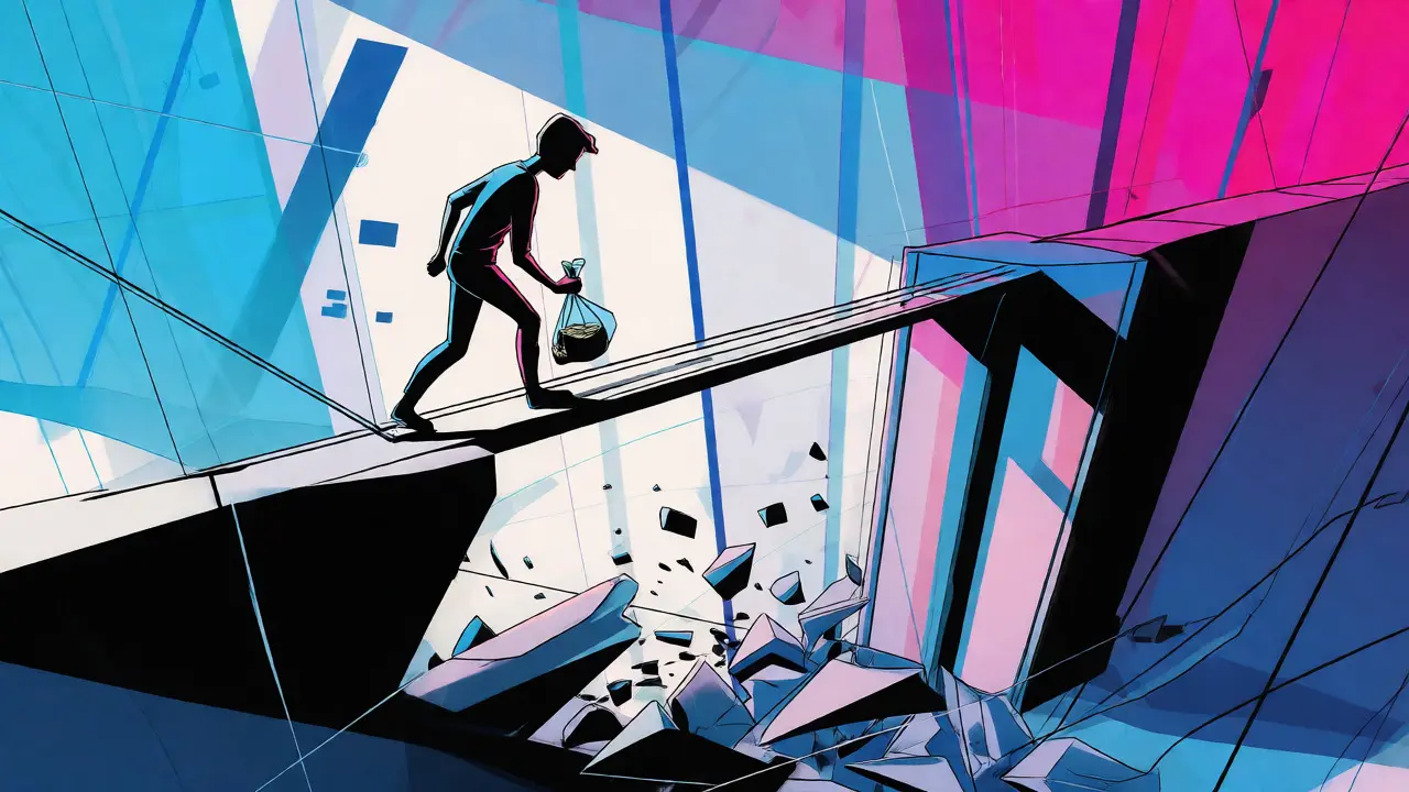 Stylized figure crossing a fragile bridge over a chasm of broken liquidity shards
