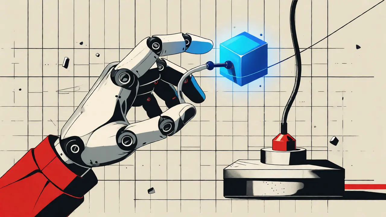 Stylized hand connecting to a digital token cube in constructivist style