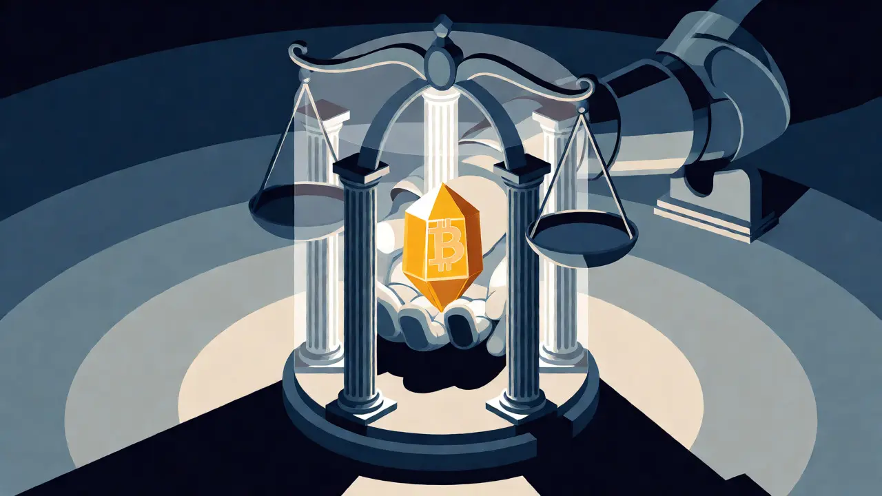 Stylized hand holding a Bitcoin crystal inside a protective legal structure