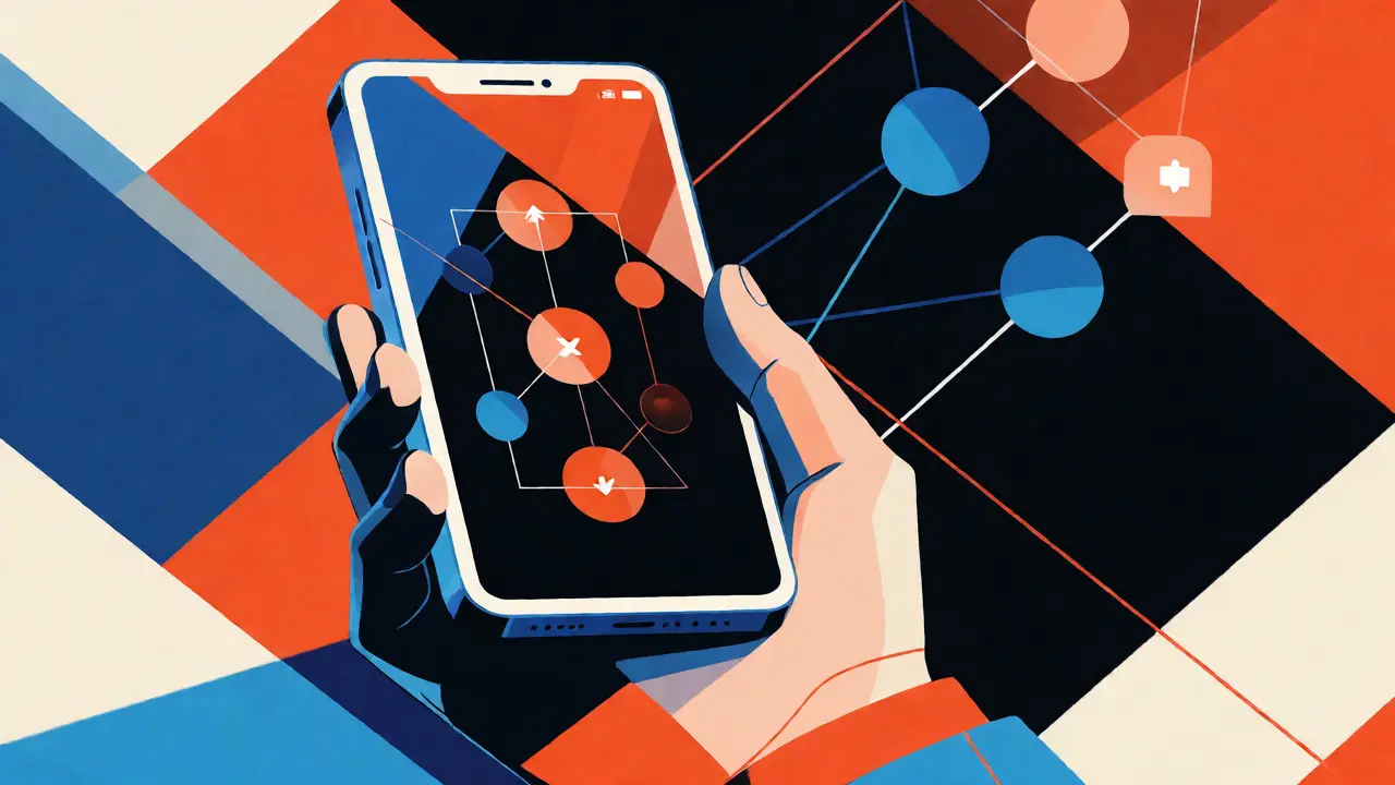 Stylized hand holding a phone displaying a cross-chain swap interface in constructivist style.