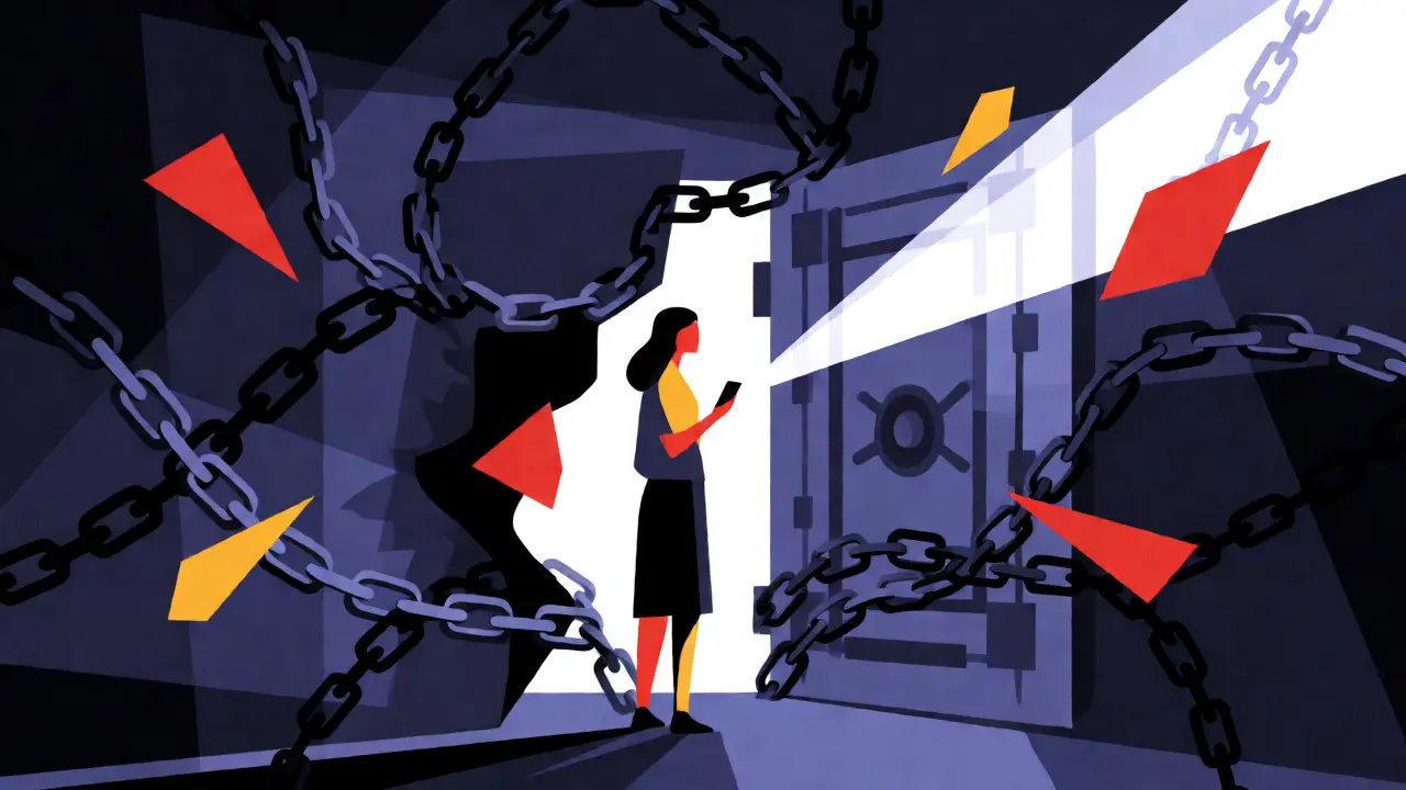 Woman holding phone light breaking through chains of financial sanctions