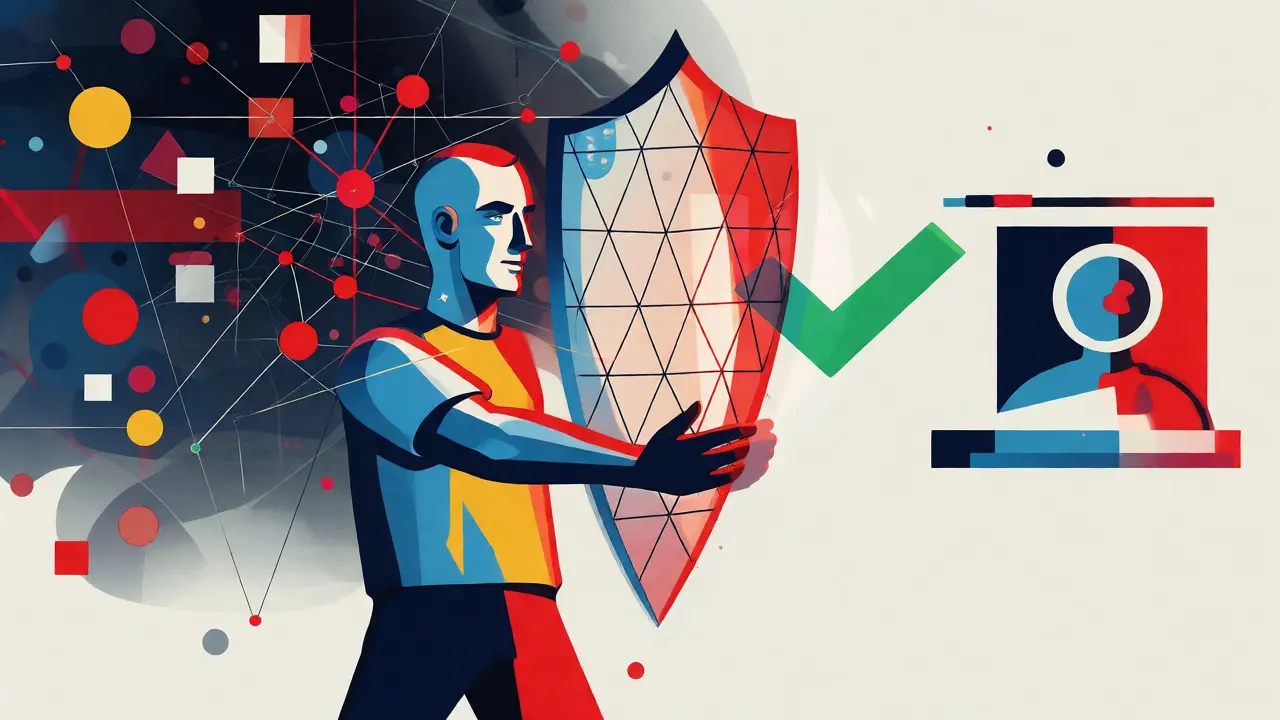 Abstract cartoon showing a geometric shield blocking personal data while allowing a verified checkmark to pass through.