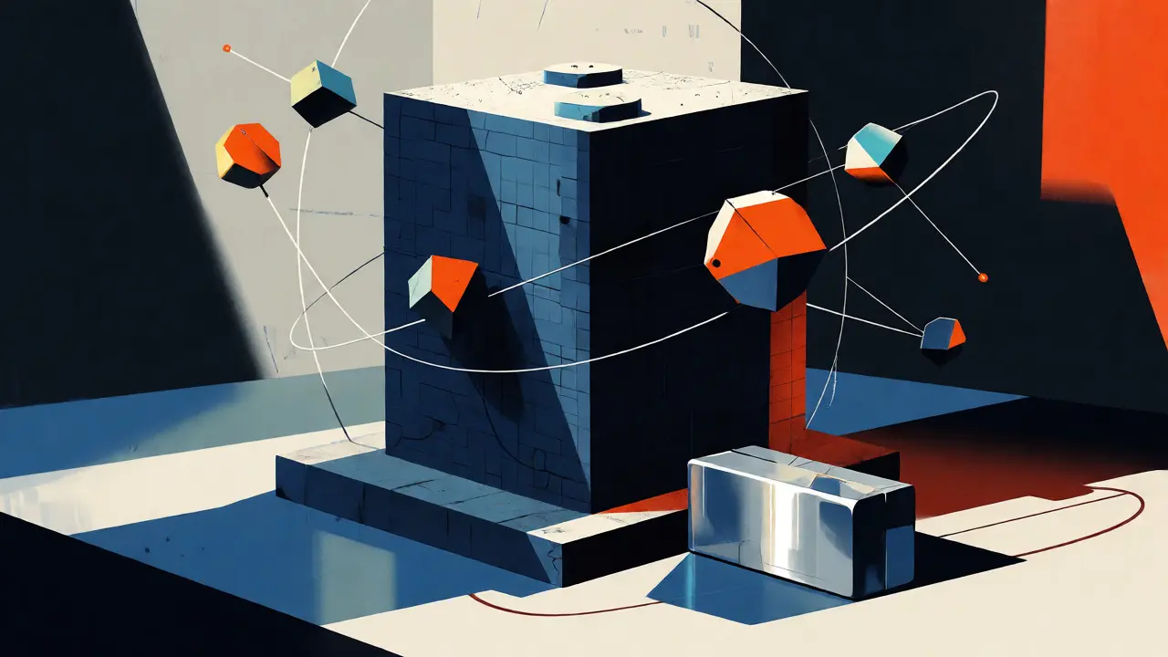 Abstract constructivist art showing a heavy core asset anchoring orbiting satellite investments.