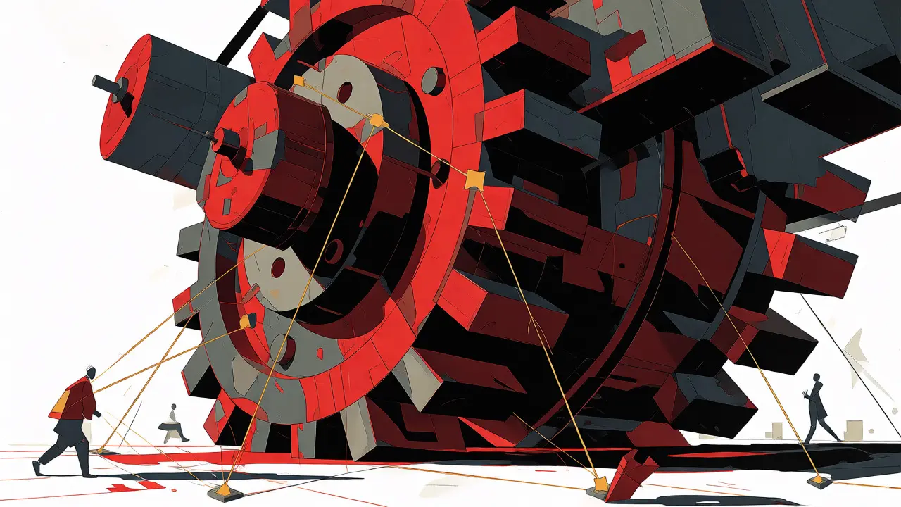 Abstract constructivist art showing a large gear controlling small investor figures.
