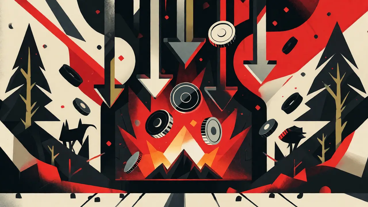 Abstract constructivist art showing tokens burning into a fire linked to nature symbols.