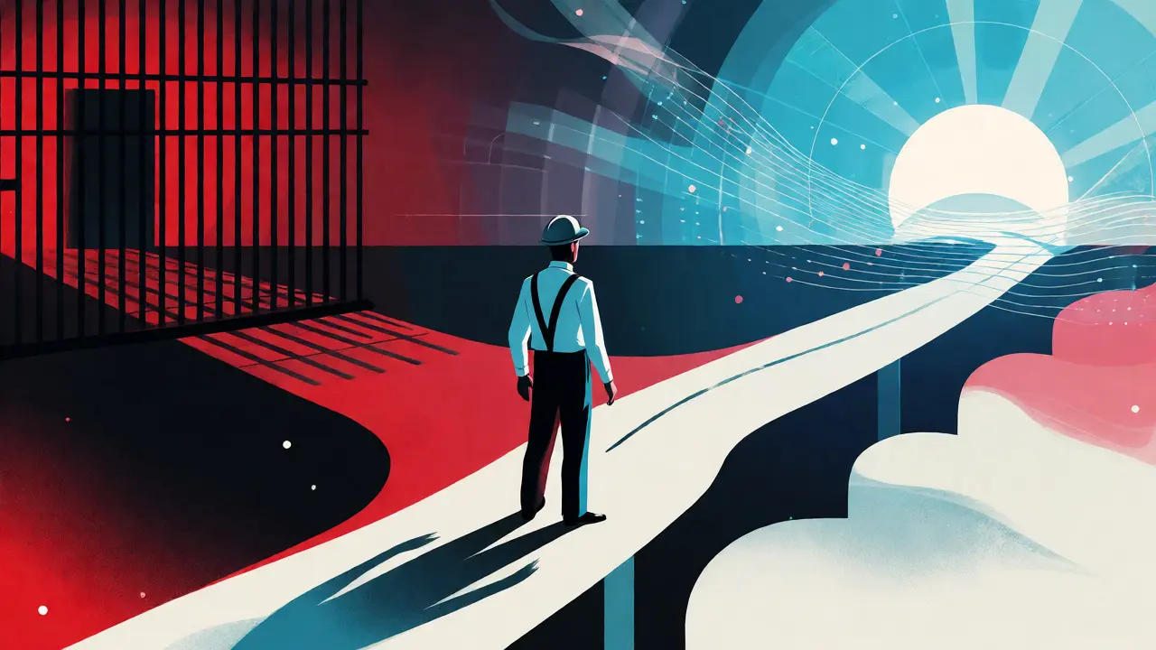 Abstract constructivist scene of an investor choosing between isolation and digital future