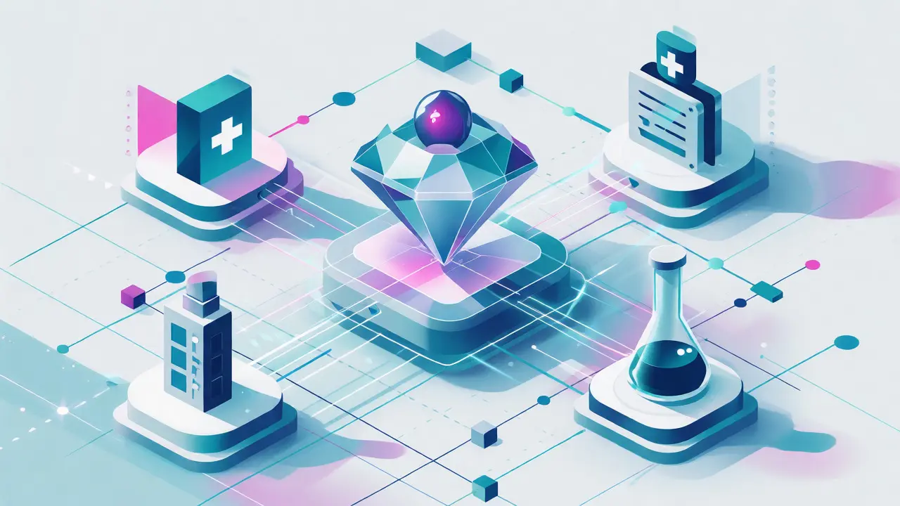 Abstract diagram of a unified health ecosystem connecting patients to providers via blockchain.