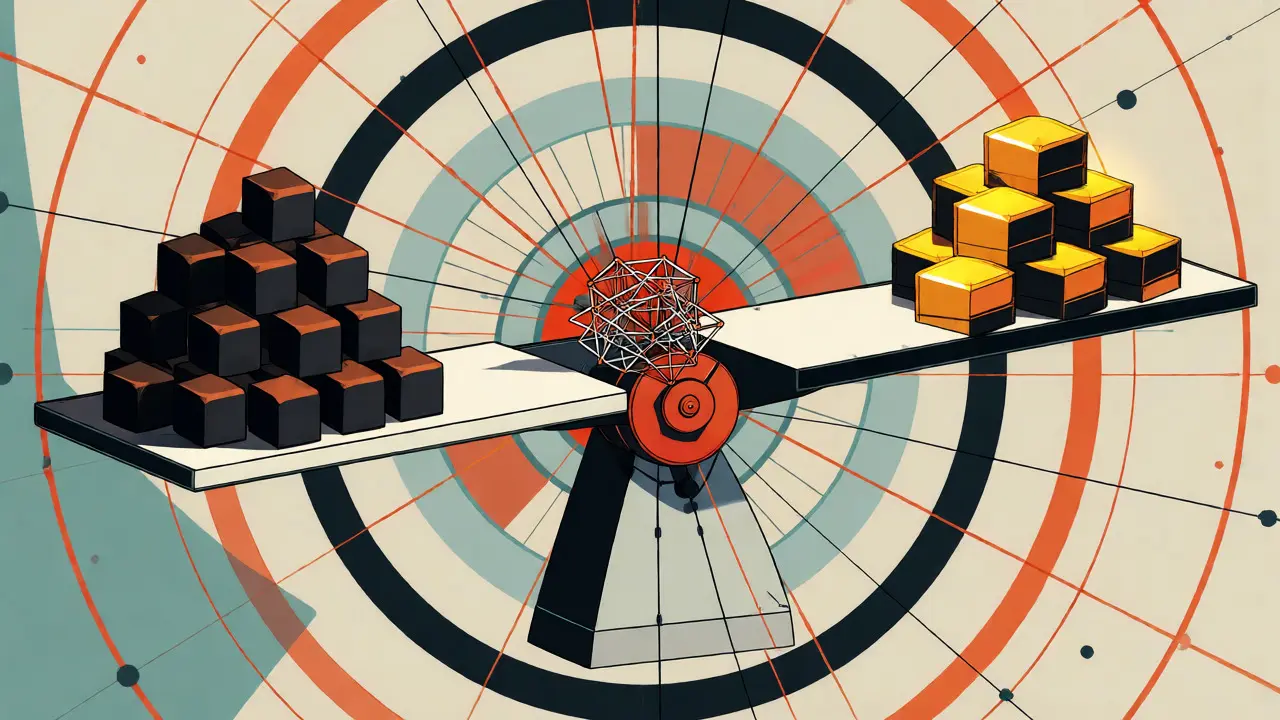 Abstract illustration of a balance scale equating mining power with block rewards