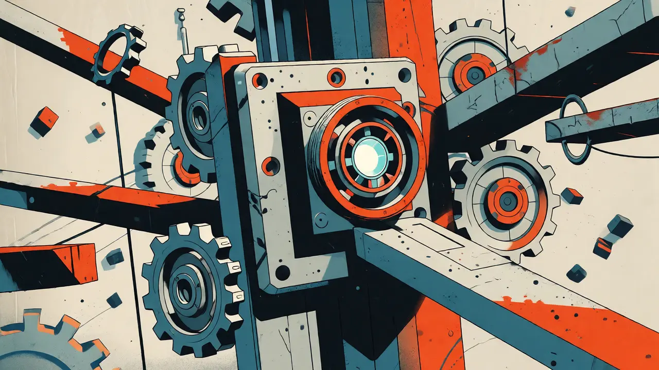 Abstract mechanical gears and vault structure representing decentralized lending infrastructure.