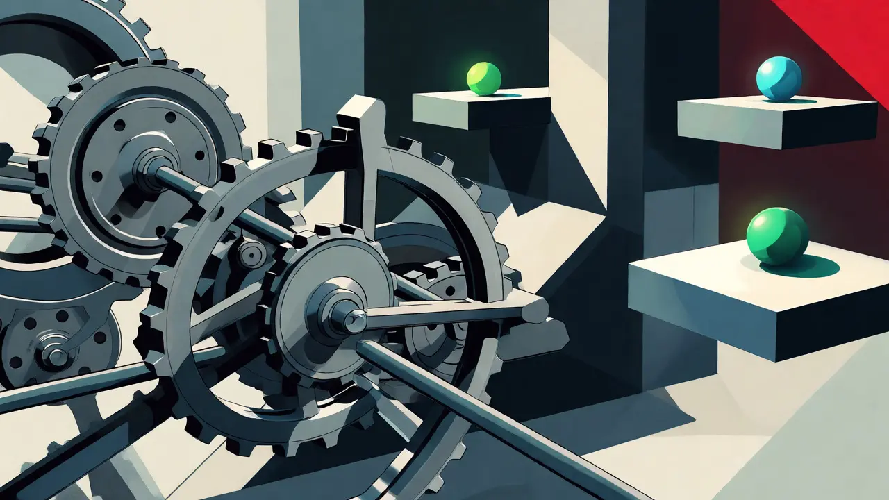 Abstract mechanical gears representing professional crypto mining alongside floating orbs for passive staking income.