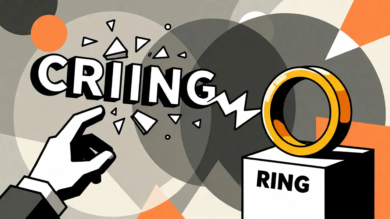 Artistic depiction contrasting shattered CRING fragments with a solid RING token