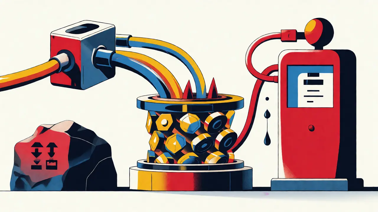Constructivist art depicting a wallet connecting to a PancakeSwap AMM pool with visual metaphors for low gas fees.
