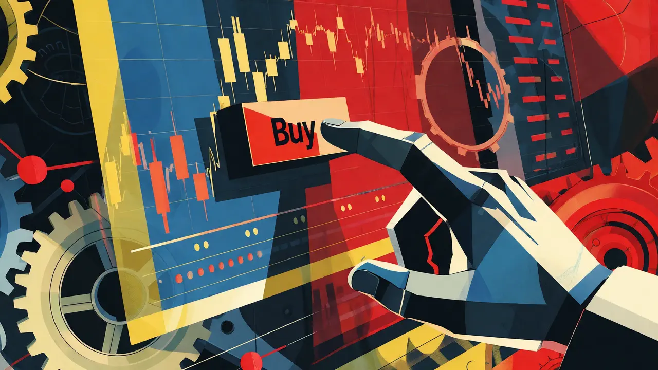 Constructivist art showing a hand interacting with a colorful, abstract trading interface.