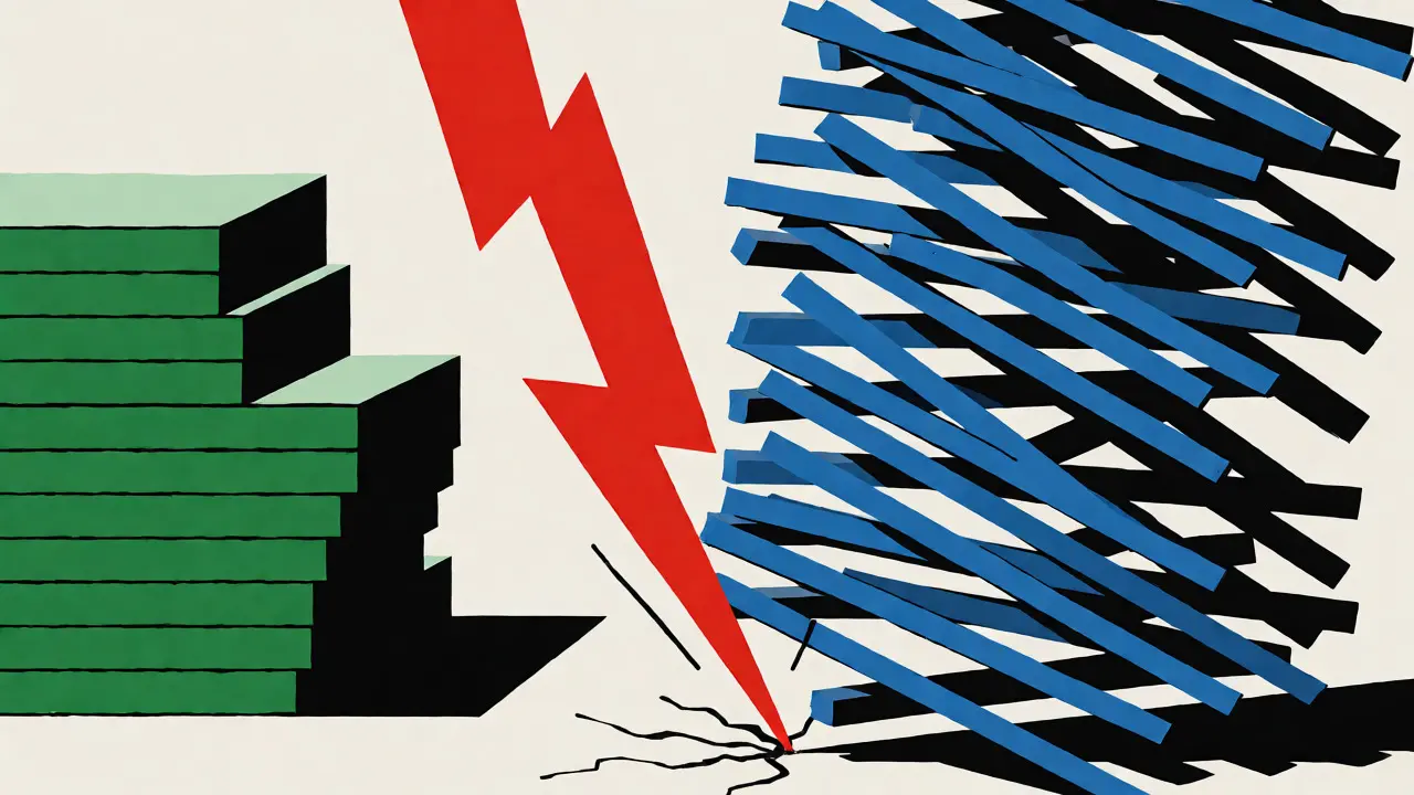 Constructivist depiction of a precarious stack of blocks cracking under pressure.