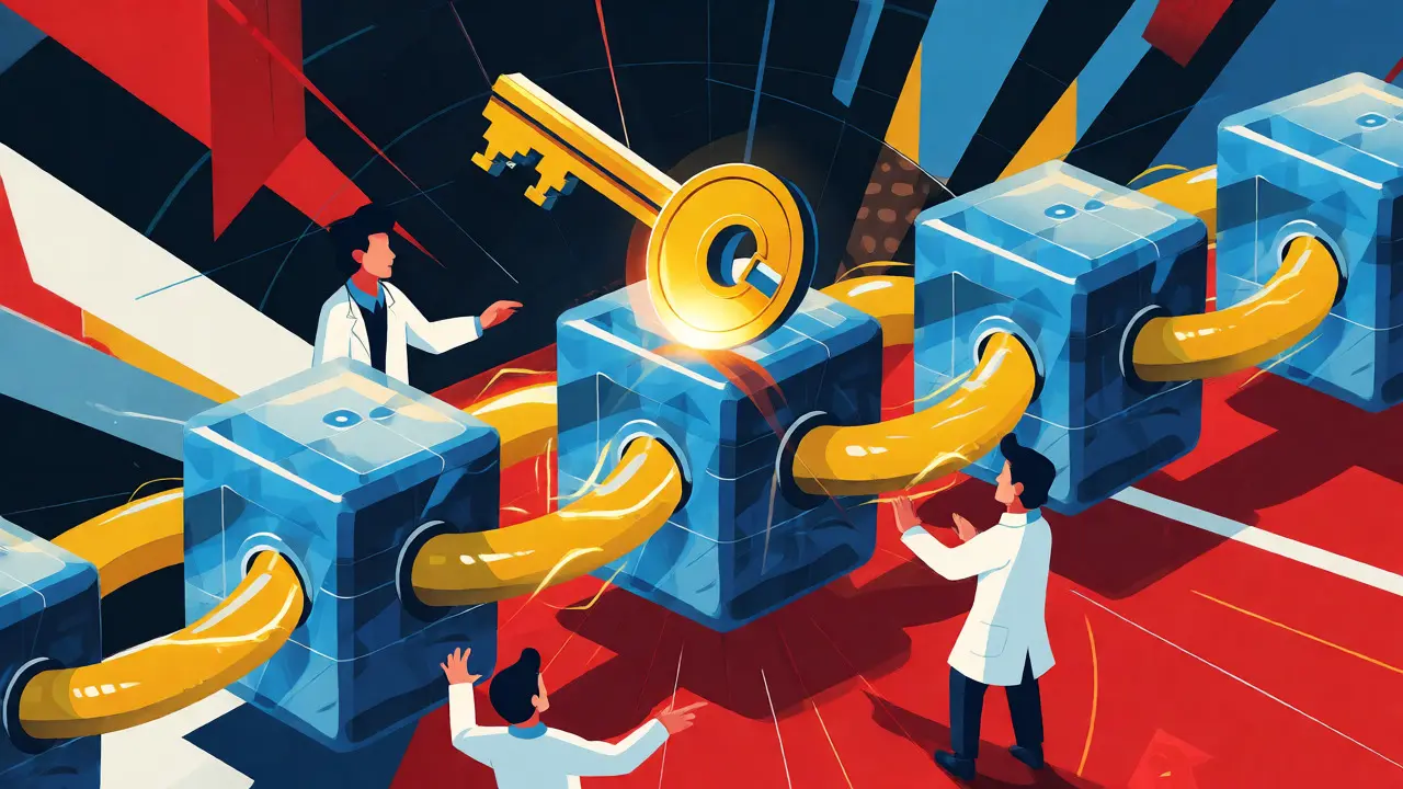 Geometric art depicting blockchain security with a patient key unlocking medical records.