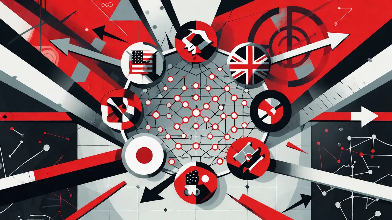 Geometric artwork showing eleven nations forming a united front against North Korean crypto sanctions violations.