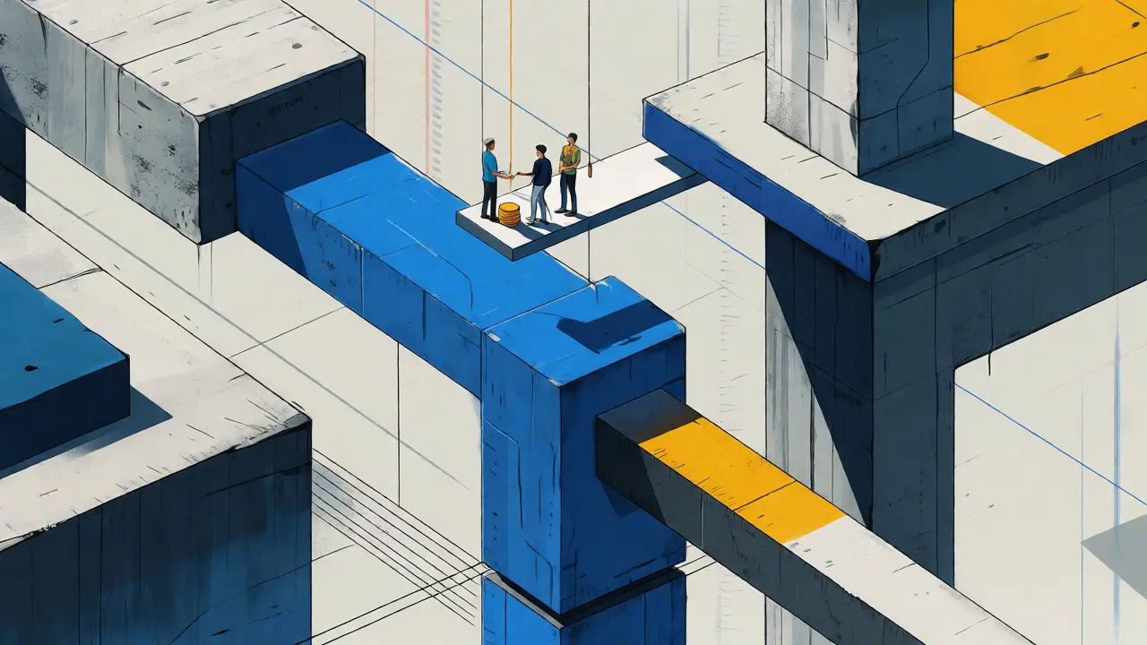 Geometric illustration of stablecoins forming a bridge between platforms