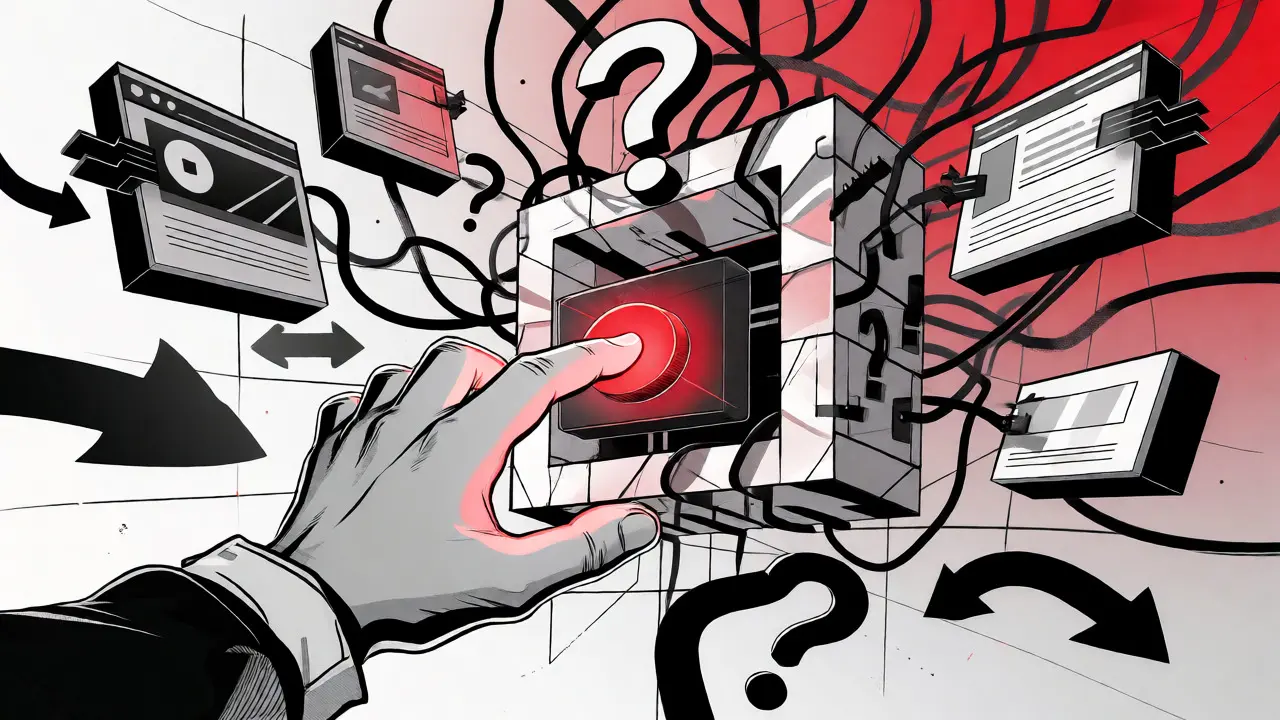 Hand reaching into a confusing maze of glitchy digital blocks and wires